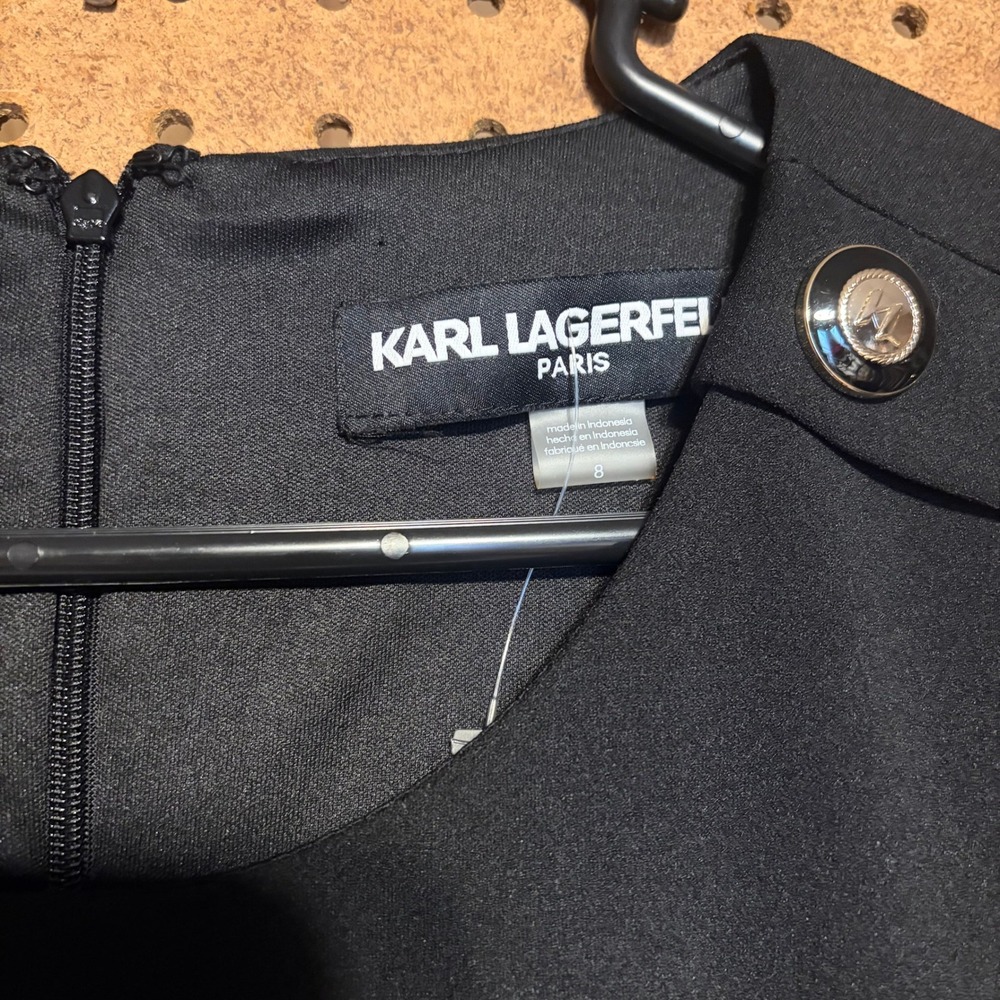 Karl Lagerfeld Paris Shift Dress 8 Black Pleated Hem Button Shoulder LBD Mod - Picture 3 of 6